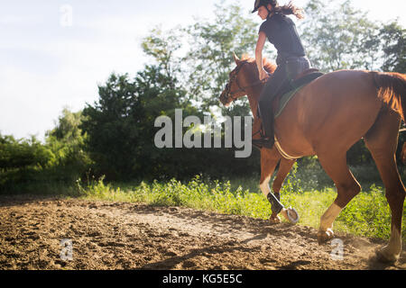 Ritratto di giovane donna di equitazione in campagna Foto Stock