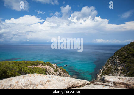 Vista dalla Camí de Sa Pujada / cami Romà all'isola Formentera e il Mar Mediterraneo, Foto Stock