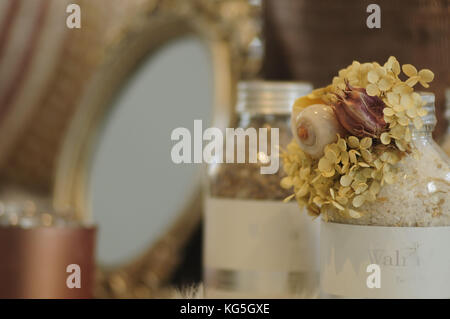 Hydrangea blossoms in sali da bagno vaso, still life Foto Stock