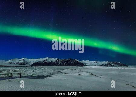 Fotografare l'aurora boreale, jokulsarlon, Islanda Foto Stock