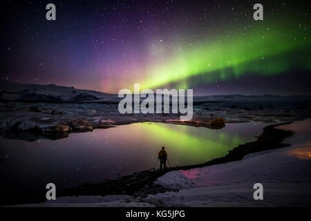 Scattare foto delle luci del nord a jokulsarlon, breidarmerkurjokull, vatnajokull calotta di ghiaccio, Islanda Foto Stock