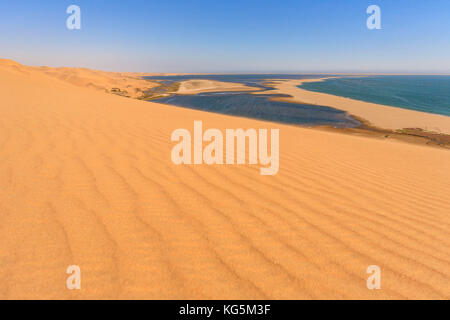 Dune di sabbia modellate dal vento incontra l'Oceano Atlantico e le lagune di Walvis Bay deserto del Namib regione erongo namibia Africa australe Foto Stock