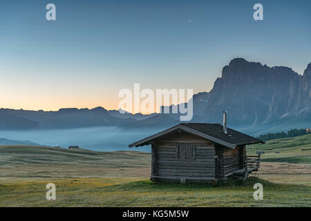 Alpe di Siusi, Dolomiti, Alto Adige, Italia. Alba sull'Alpe di Siusi Foto Stock