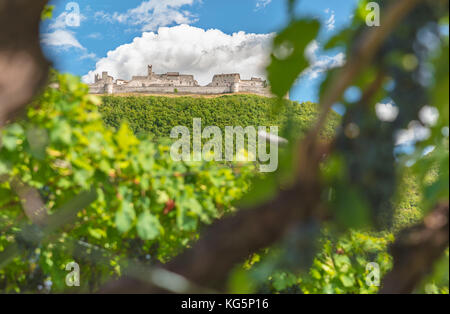 Vista sul castello di Beseno, la più grande fortezza feudale in tutto il distretto del Trentino, Italia Foto Stock