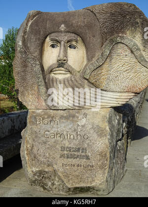 PONTE DE LIMA, PORTOGALLO - 2 SETTEMBRE 2017: Monumento di pellegrinaggio sul cammino di Santiago il 2 settembre 2017 a Ponte de Lima, Portogallo Foto Stock