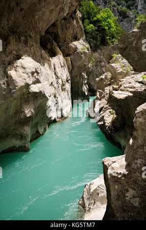 Il fiume Verdon turchese nella Styx lungo il sentiero Imbut, Verdon Gorge, Francia Foto Stock