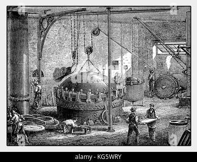 Illustrazione francese del XIX secolo di una macchina per la vulcanizzazione della gomma per convertire la gomma in materiale durevole con un processo chimico Foto Stock