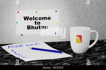 Boccale di grandi dimensioni e l'etichetta sulla parete con testo di benvenuto in Bhutan. Il rendering 3d. Foto Stock