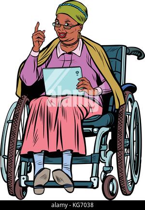 African donna anziana disabile su sedia a rotelle, gadget tablet. isolare su sfondo bianco. arte pop retrò illustrazione vettoriale Illustrazione Vettoriale