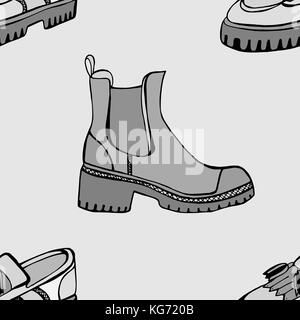 Vettore monocromatica perfetta pattern con l'autunno scarpe di schizzi a mano con l'immagine di differenti calzature su uno sfondo Illustrazione Vettoriale