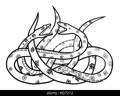 Due serpenti ornati. disegnati a mano con illustrazione groviglio di due serpenti, vetro colorato stile. disegno monocromatico su sfondo bianco. Illustrazione Vettoriale