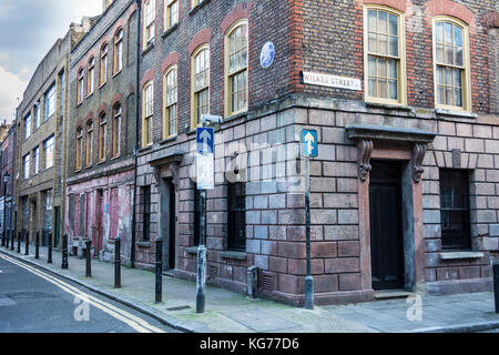 La facciata esterna del 4 Princelet Street, Spitalfields, LONDRA, E1, Regno Unito Foto Stock