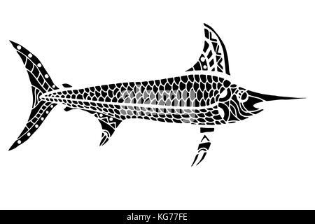 Arte pesce stilizzato. disegnati a mano doodle illustrazione vettoriale isolati su sfondo bianco. schizzo per tatuaggio o makhenda. mare raccolta alimentare. Illustrazione Vettoriale