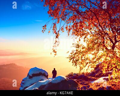 Mattina di sole con la prima neve. fotografo preparare la fotocamera sul cavalletto. rocce innevate, nella valle di foglie colorate foresta. Vista su misty e fogg Foto Stock