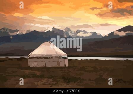 Vista della Mongolia. yurta tradizionali abitazioni mongola nella steppa mongola. montagne sullo sfondo. travel sketch. pennarello arte grafica disegnata a mano libro vintage illustrazione, cartolina. vettore Illustrazione Vettoriale