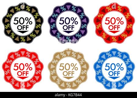 50% di sconto adesivo. set di banner o adesivo design con 50% di sconto in vendita in nero, blu scuro, rosso, oro e blu. design luminoso per la vendita di un Illustrazione Vettoriale