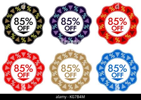 85% di sconto adesivo. set di banner o adesivo design con 85% di sconto in vendita in nero, blu scuro, rosso, oro e blu. design luminoso per la vendita di un Illustrazione Vettoriale