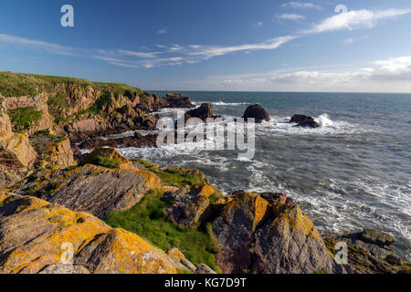 Le drammatiche scogliere di arenaria immediatamente sotto le rovine del castello di Slains sulla costa del Mare del Nord di Aberdeenshire, Scotland, Regno Unito Foto Stock