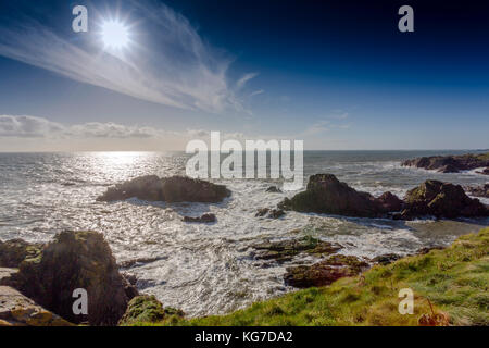 Le drammatiche scogliere di arenaria immediatamente sotto le rovine del castello di Slains sulla costa del Mare del Nord di Aberdeenshire, Scotland, Regno Unito Foto Stock