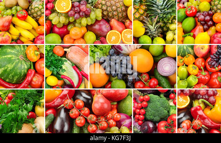 Collage di cibi sani. Frutta e verdura. sfondo di prodotti utili. tre foto per skinali. Foto Stock