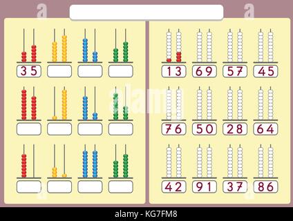 I ragazzi imparano i numeri con abacus, foglio di lavoro per la matematica per i bambini Illustrazione Vettoriale