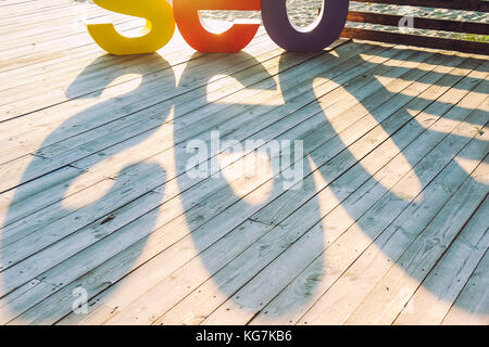 La parola seo da grandi lettere colorate creando un'ombra sulla terrazza in legno sulla riva del fiume. sun retroilluminazione. messa a fuoco selettiva. spazio per il testo. Foto Stock