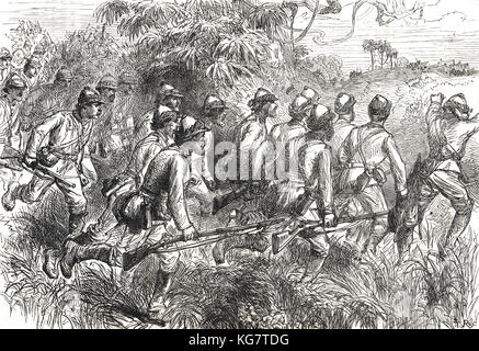 Black Watch avanzata nella Battaglia di Amoaful, terza guerra anglo-Ashanti, prima spedizione Ashanti, 1873-1874 Foto Stock