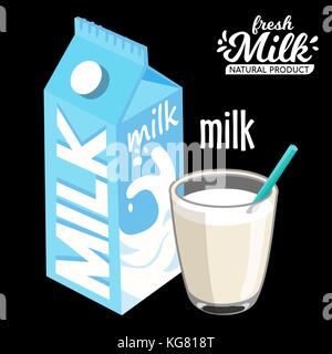 Confezione di latte e bicchiere di milkmilk pack e bicchiere di latte icona stile piatto. isolato su sfondo nero. illustrazione vettoriale Illustrazione Vettoriale