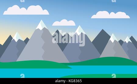 Cartoon di montagna paesaggio con il verde delle colline e delle montagne con picchi sotto la neve, con il lago o fiume di fronte delle montagne sotto il cielo blu con nuvole w Illustrazione Vettoriale