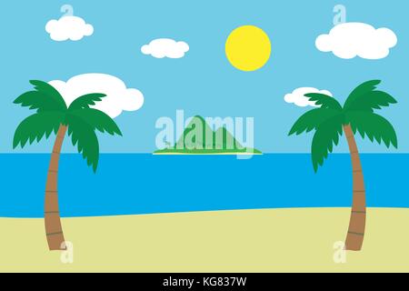 Vista di una spiaggia sabbiosa tropicale con due verdi palme sulla riva del mare con un'isola con le colline e montagne ricoperte di erba e palme onu Illustrazione Vettoriale