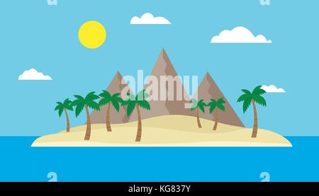 Cartoon vista di un'isola tropicale nel mezzo di un mare o sul mare con spiaggia di sabbia, palme e montagne sotto un cielo blu con nuvole e sole o Illustrazione Vettoriale