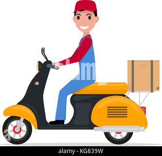 Vettore cartoon piatto uomo consegna su uno scooter Illustrazione Vettoriale