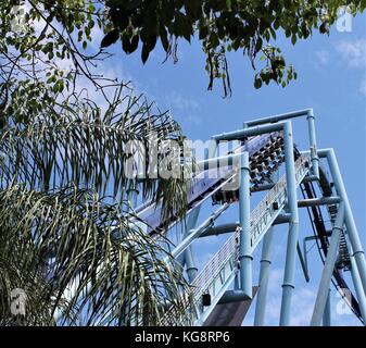 Guardando in alto attraverso i rami di un albero di palma in corrispondenza di una piccola sezione di un blu roller coaster. Solo le suole delle scarpe di piloti sono visibili. Foto Stock