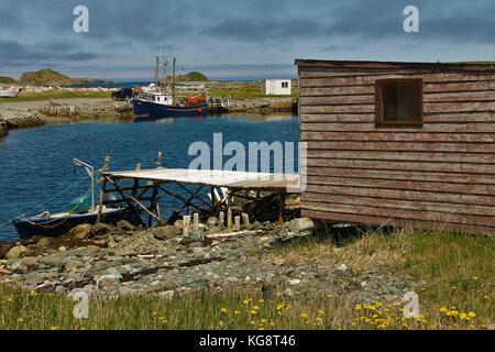 La pesca capannone e stadio, Ferryland, Terranova e Labrador, Canada. Una piccola barca è legato fino al molo. una grande barca da pesca si siede al punto di ancoraggio. Foto Stock