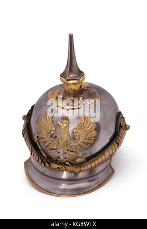 Vecchio timone tedesco del XIX secolo, cosiddetto pickelhaube (picco helm). Foto Stock