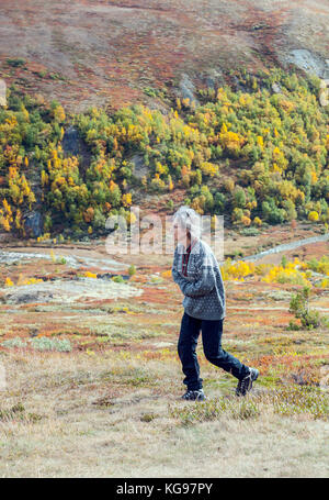 Donna sulle montagne norvegesi. Foto Stock