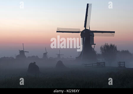 Mulini a vento storico, sito patrimonio mondiale dell'unesco, kinderdijk, sud dei Paesi Bassi, Netherland, europa Foto Stock