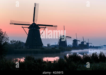 Mulini a vento storico, sito patrimonio mondiale dell'unesco, kinderdijk, sud dei Paesi Bassi, Netherland, europa Foto Stock