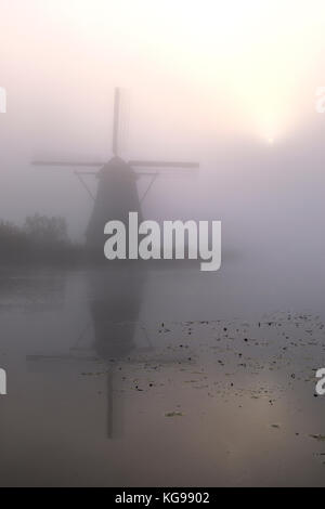 Storico mulino con la nebbia, patrimonio mondiale dell UNESCO, sud netherland, Netherland, europa Foto Stock