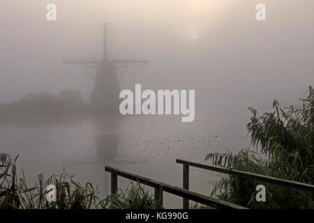 Storico mulino con la nebbia, patrimonio mondiale dell UNESCO, sud netherland, Netherland, europa Foto Stock