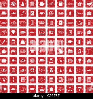 100 credito set di icone grunge red Illustrazione Vettoriale
