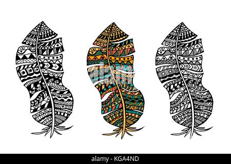 Arte Tribale stilizzato a colori e in bianco e nero piume per la colorazione di pagina. adulto anti-stress terapia d'arte. Illustrazione Vettoriale