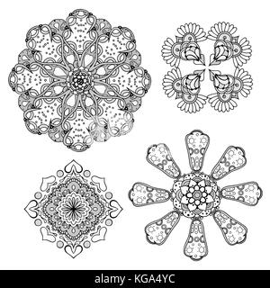 Geometrico ornamento circolare set. abstract nero simboli. pizzi mandala. illustrazione vettoriale Illustrazione Vettoriale