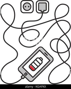 Ricarica del telefono con filo lungo. smarthone e filo di linea. minimalismo linea di contorno disegnata illustrazione banner, carta, modello Illustrazione Vettoriale
