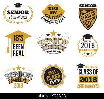 Il set di nero e colore oro senior segni di testo con la graduazione cap, nastro illustrazione vettoriale. classe di 2018 badge grunge su sfondo bianco. Illustrazione Vettoriale