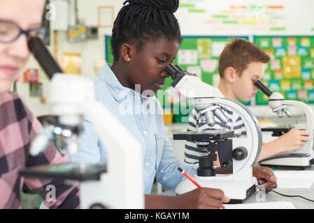 Un gruppo di alunni con microscopi in classe di scienze Foto Stock