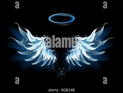 Luce, artistico, blue angel wings su uno sfondo nero. ali d'angelo. Illustrazione Vettoriale