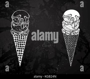 Due gelati, con un cono di cialda di corno, con due sfere e cosparsi di sciroppo al cioccolato, dipinte di bianco gesso su una lavagna nera. disegno wit Illustrazione Vettoriale