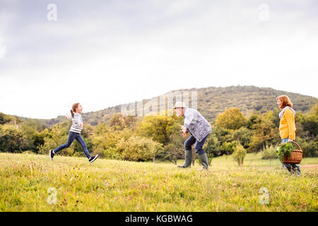 Coppia senior con mia nipote in natura. Foto Stock