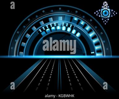 Brillante occhio tecnologico hud su uno sfondo nero. lente con apertura. head-up display. road, autostrada. illustrazione Illustrazione Vettoriale